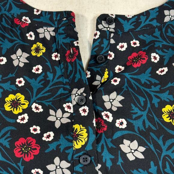 Ann Taylor LOFT Medium Dress Floral Long Sleeve Partial Button Thin Belt Black - Picture 2 of 8